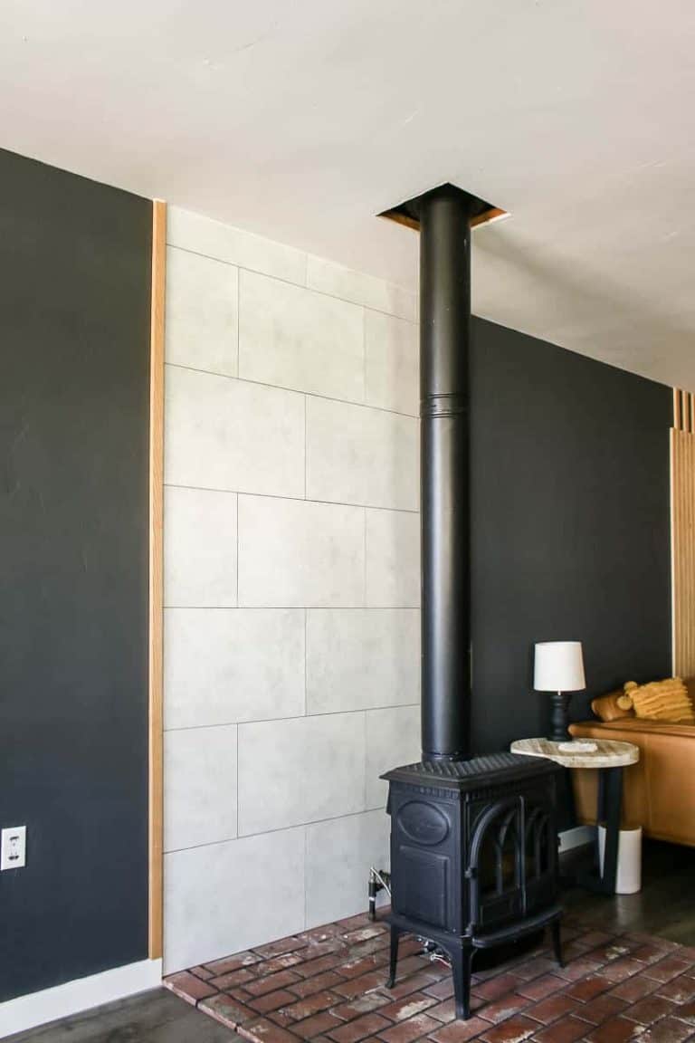 Faux Concrete Wall Panels Behind Fireplace (No tools required!)