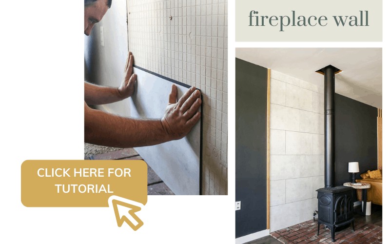 Image collage of fireplace wall makeover in modern boho living room with text overlay "click here for tutorial" Man's hands holding up a piece of concrete panels to the wall and finished wall with wood stove sitting on brick.