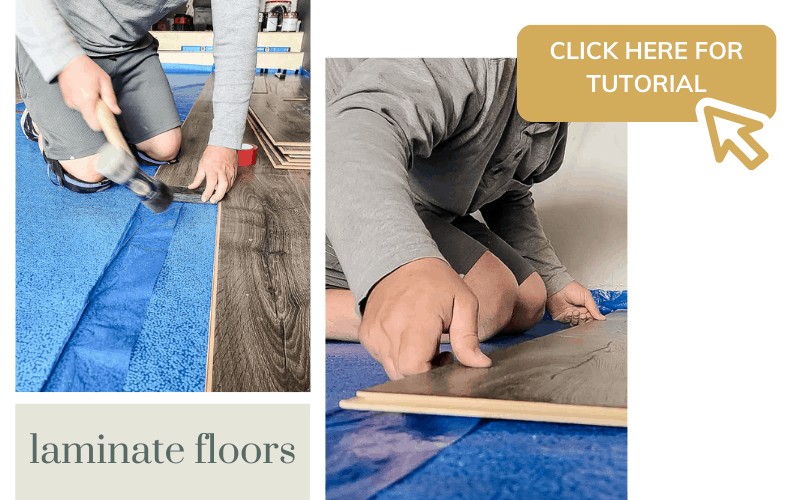 Image collage of man laying laminate flooring over blue underlayment with text overlay "Click here for tutorial"