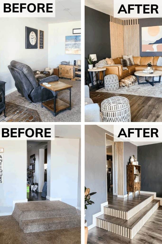 Before and after collage of modern boho living room makeover with side by side before and after of seating area and side by side before and after of stair platform.