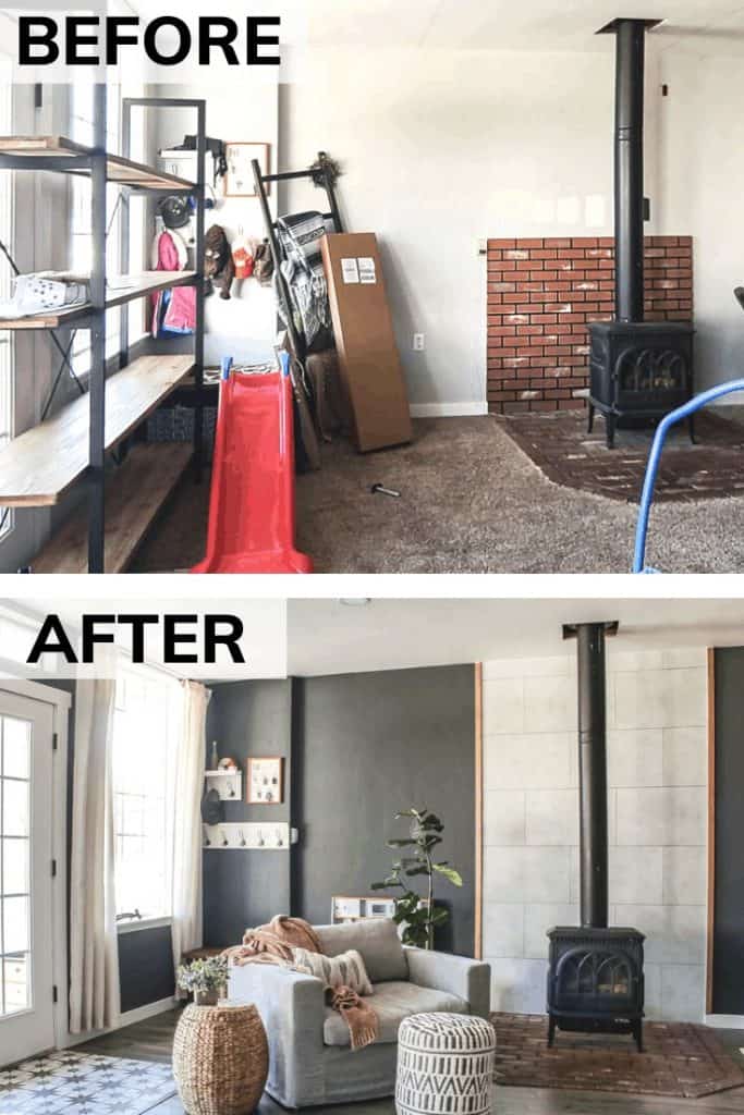 Image collage of before and after of area with wood stove and seating area near front entry in modern boho living room.