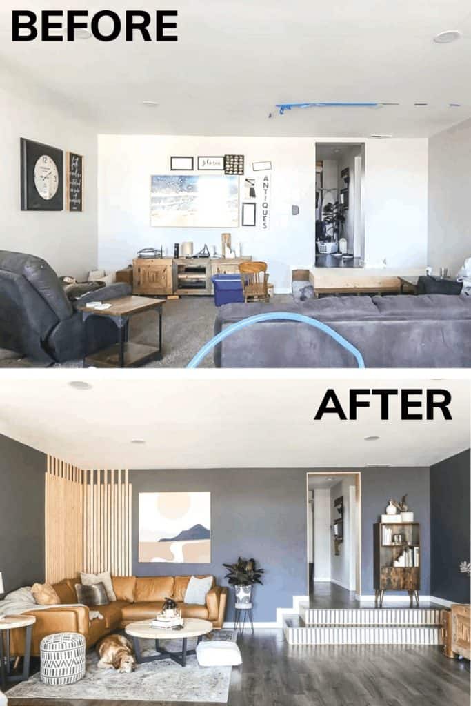 Image collage of before and after of modern boho living room makeover.