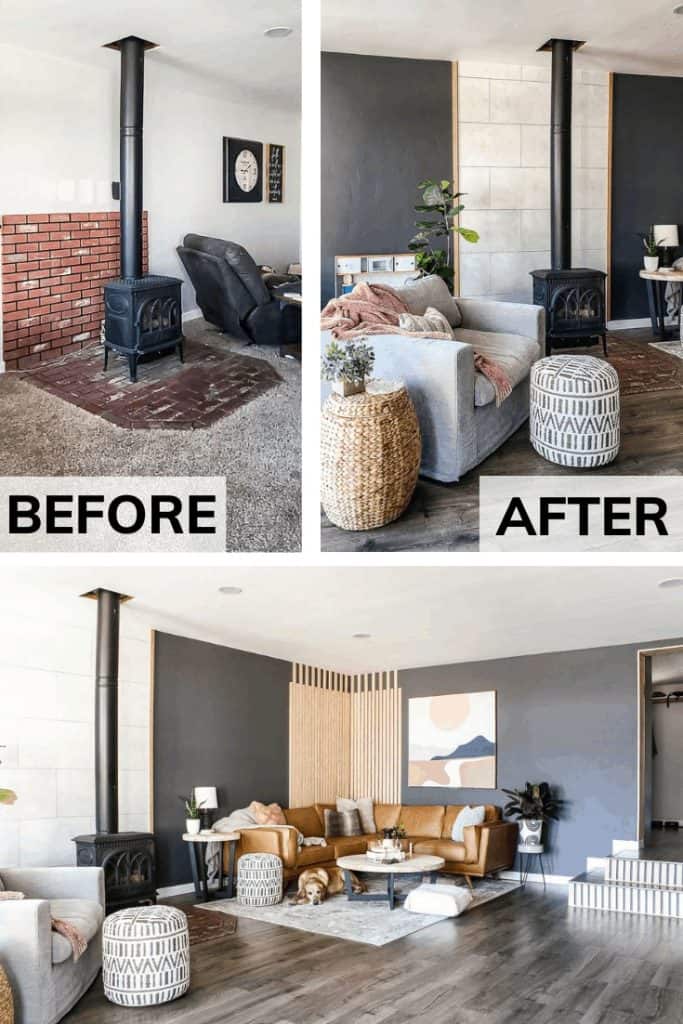 Three image collage of before of fireplace wall and wood stove, after of fireplace wall and seating next to it, and after view looking at main seating area with leather sectional and wood slat wall accent.
