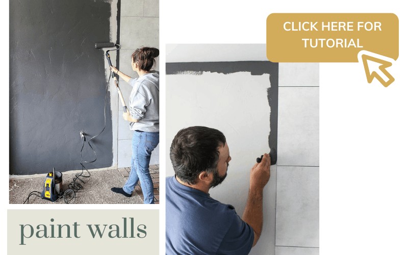Image collage of painting walls a dark gray color in modern boho living room with text overlay Click here for tutorial Woman painting with paint roller and man painting with paint brush to cut in