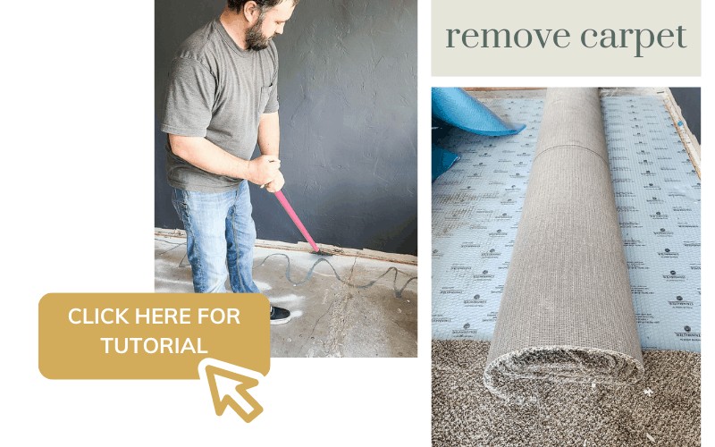 Image collage of removing carpet with text overlay Click here for tutorial Man pulling up tack strips and carpet rolled up and laying on carpet padding.