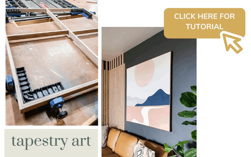 Image collage of tapestry art frame being made and finished tapestry art hanging on the wall in the modern boho living room.  Text overlay " Click here for tutorial"