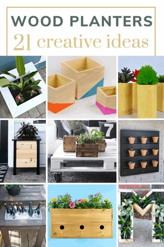 Collage of different creative plant boxes with text overlay that says wood planters 21 creative ideas 