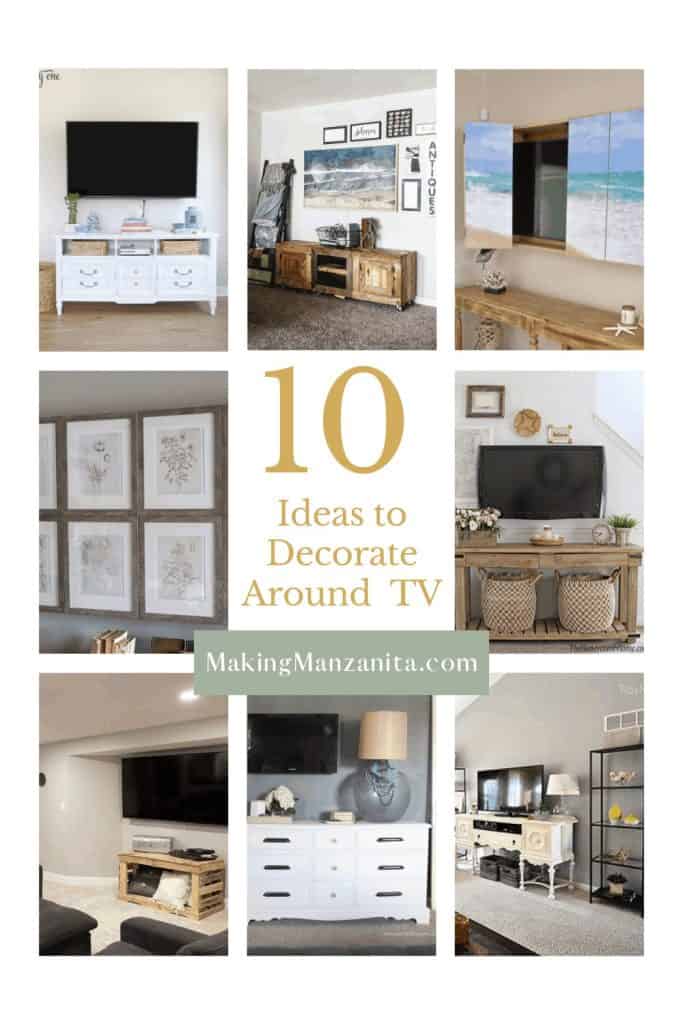 A collage of 8 images showing different ways of decorating around a TV. Each image depicts a home or living room space with decorations - art, furniture, or pictures - around a TV. Text in the center of the image says "10 ideas to decorate around TV"