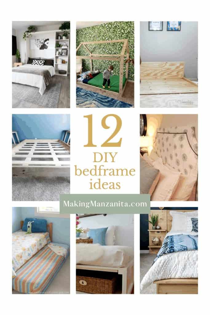 Collage of different bed frames with text overlay that says 12 DIY bed frame ideas