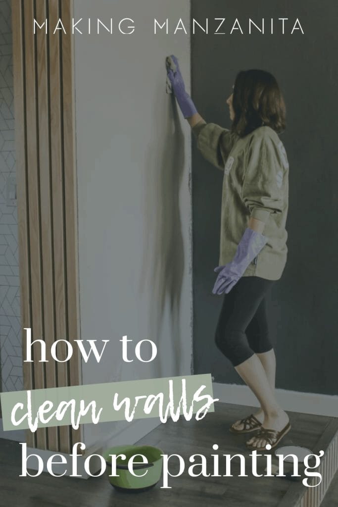 Woman wearing gloves wiping the walls with a cloth with text overlay that says how to clean walls before painting