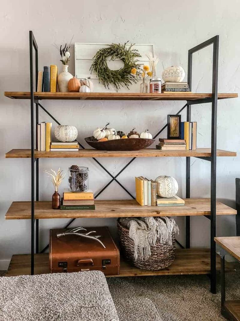 bookshelf with fall decor