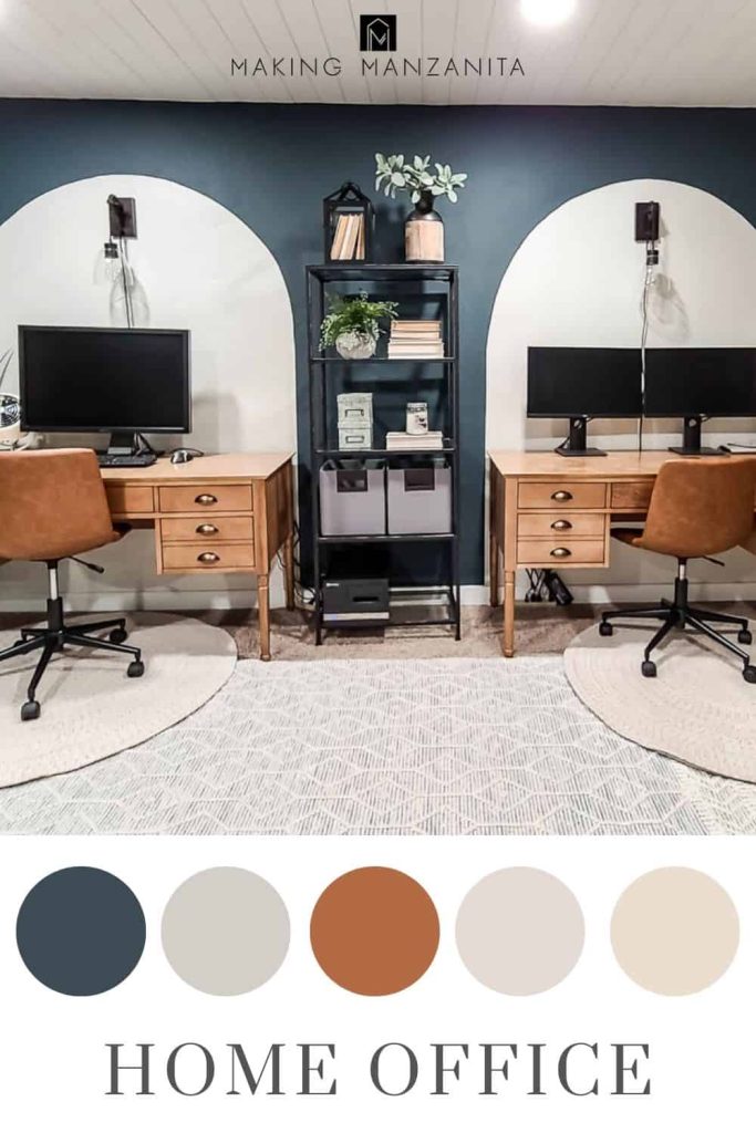 Dark and moody home office look with dark green with color scheme in circles and text overlay that says home office 