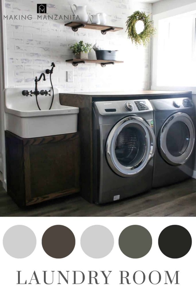 Farmhouse Laundry area with faux brick wall, pipe shelving and wooden folding counter with farmhouse sink in a neutral color scheme in circles and text overlay that says Laundry room