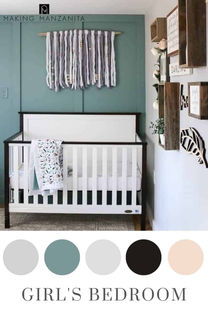 Little Girl's bedroom with light bluish green board and batten wall and otherwise neutral color schemes in circles and text overlay that says girl's bedroom