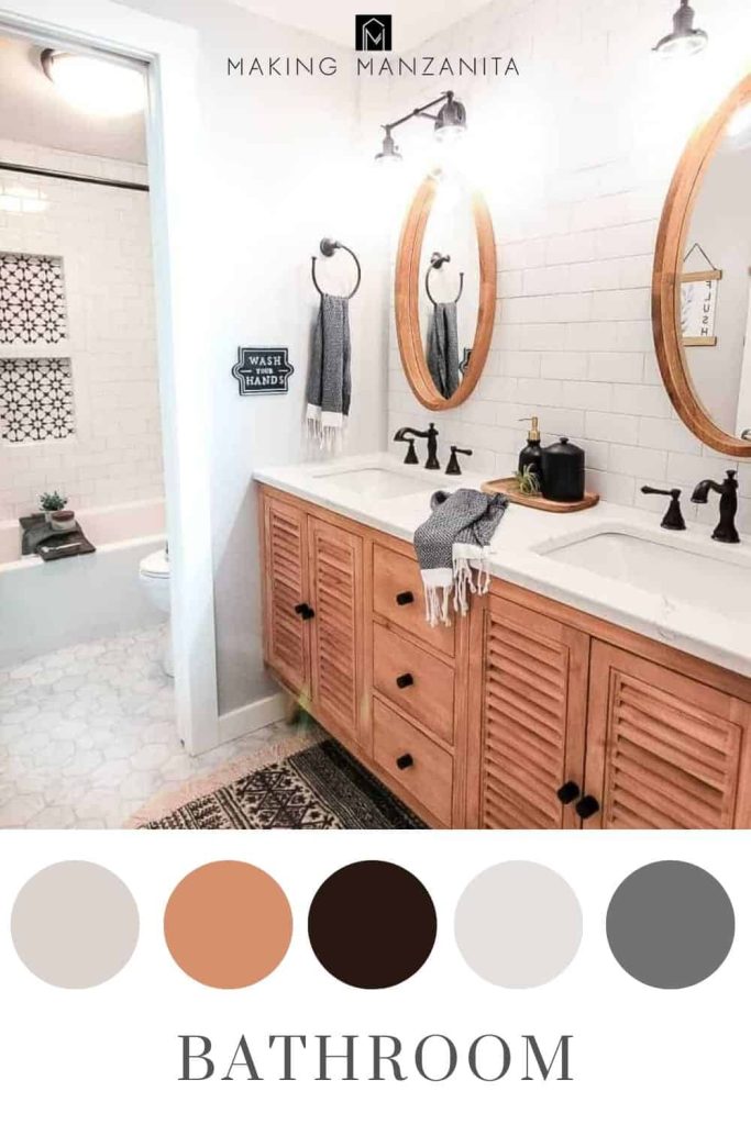 Modern farmhouse bathroom with neutral color scheme in circles at bottom and text overlay that says bathroom