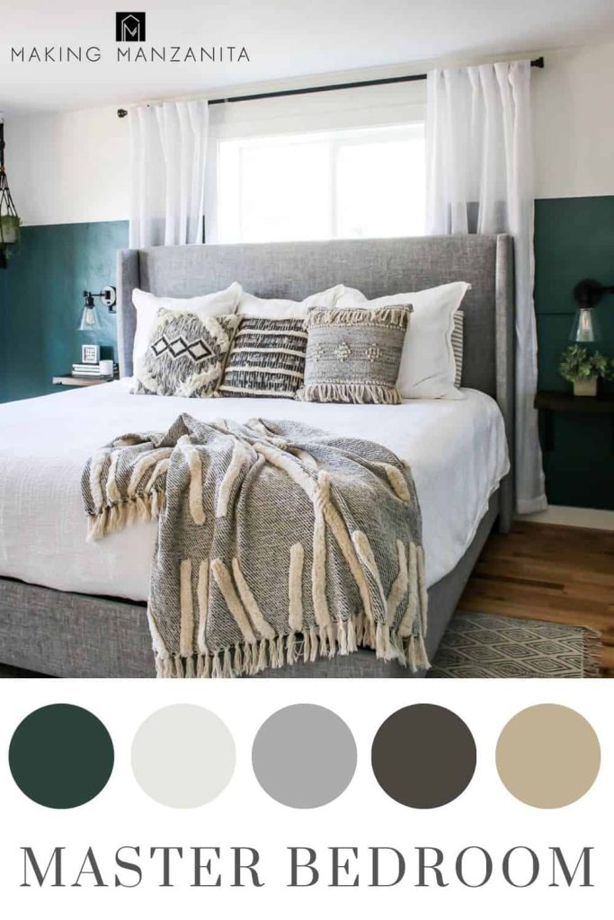 Boho Chic master bedroom with green and white walls with neutral bedding color scheme in circles and text overlay that says Master Bedroom