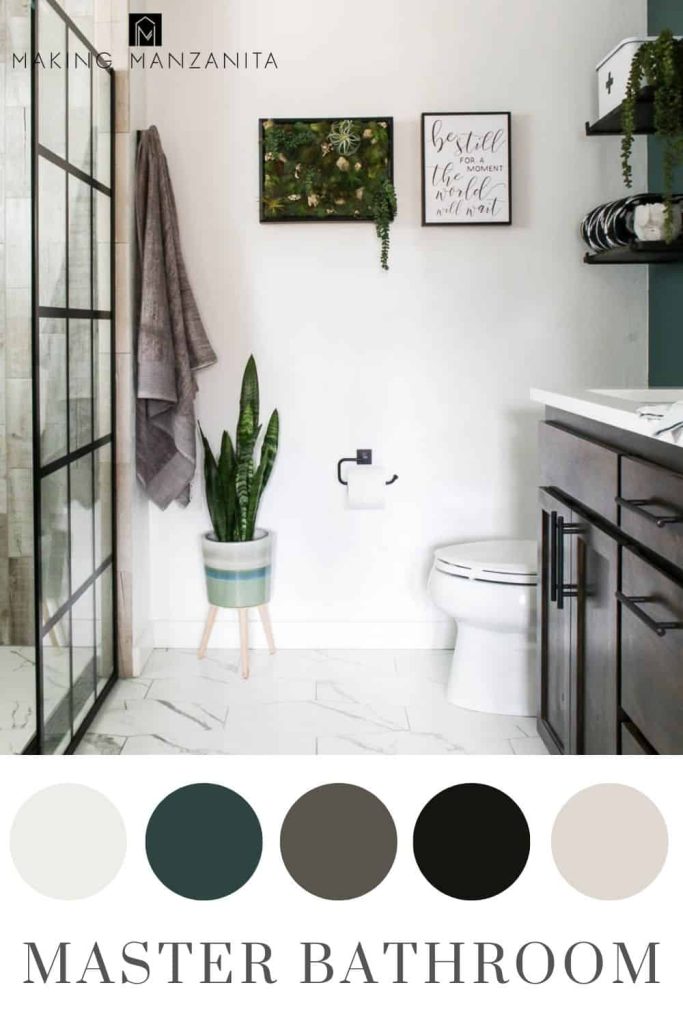 Modern master bathroom with high contrast black and white with dark green color scheme in circles with text overlay that says master bathroom