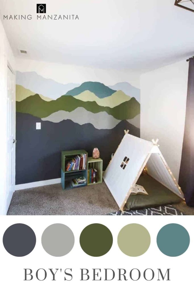 Boy's bedroom featuring a mountain mural wall painted with with natural blue and green color scheme in circles and text overlay that says boy's bedroom