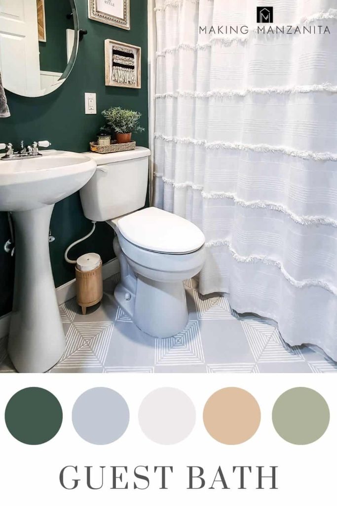 Small boho guest bathroom with dark green and white color scheme in circles with text overlay that says guest bath