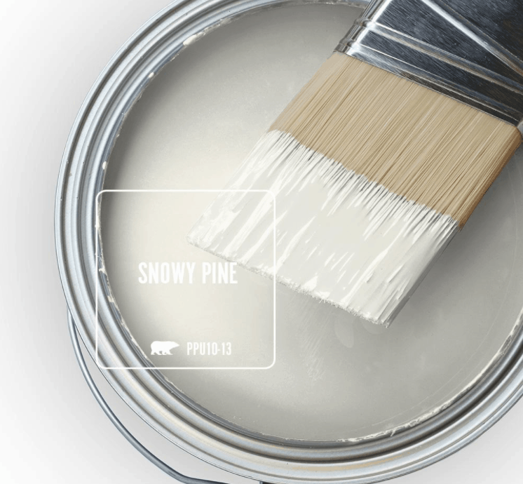 Behr snowy pine paint color in can and a paint brush dipped in it
