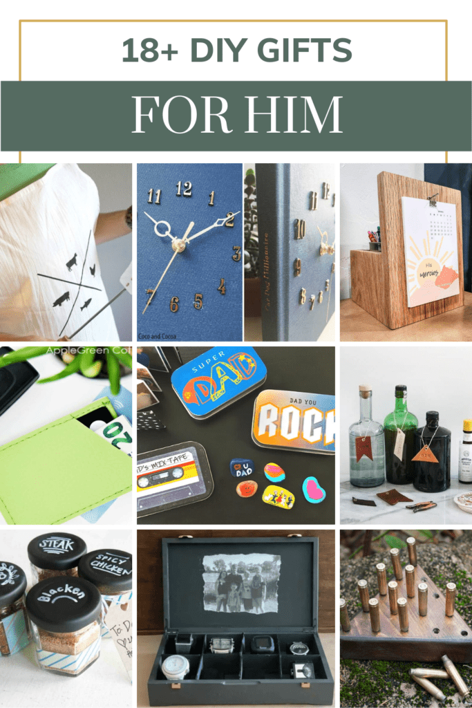 Collage of different diy gifts with text overlay that says 18+ diy gifts for him