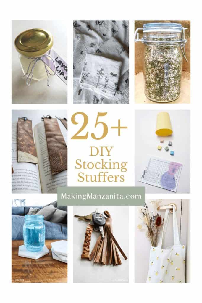 Collage of different items to put together in a Christmas stocking with text overlay that says 25+ DIY stocking stuffers