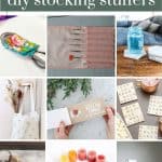 Collage of different items to put together in a Christmas stocking with text overlay that says 25+ quick & easy ideas diy stocking stuffers