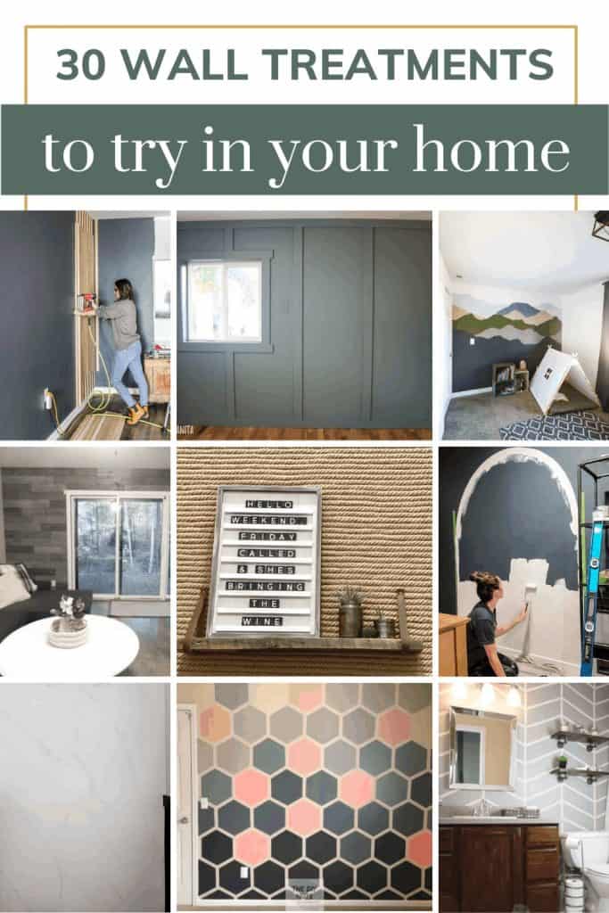 Collage of different wall treatment ideas with text overlay that says 30 wall treatments to try in your home