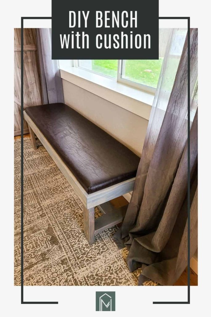 Overhead image of bench with DIY bench cushion upholstered in brown leather material with text overlay "DIY Bench with cushion"