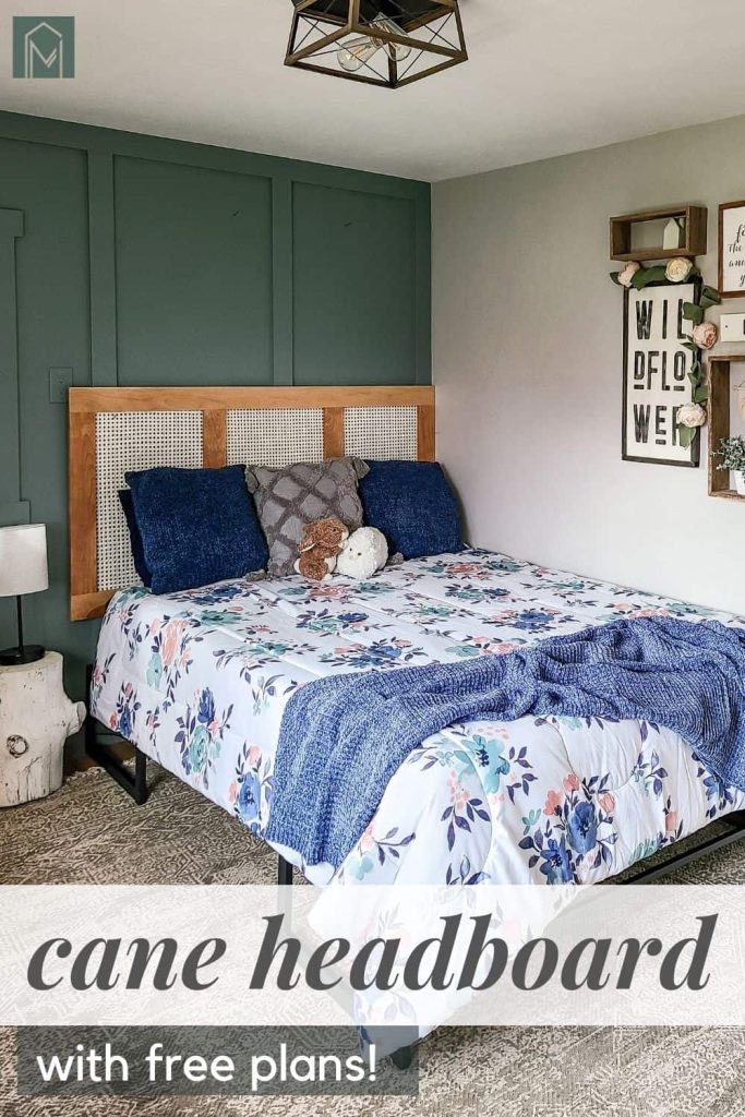 Queen sized bed with boho rattan headboard, blue square pillow and floral bedsheet with text overlay that says cane headboard with free plans!