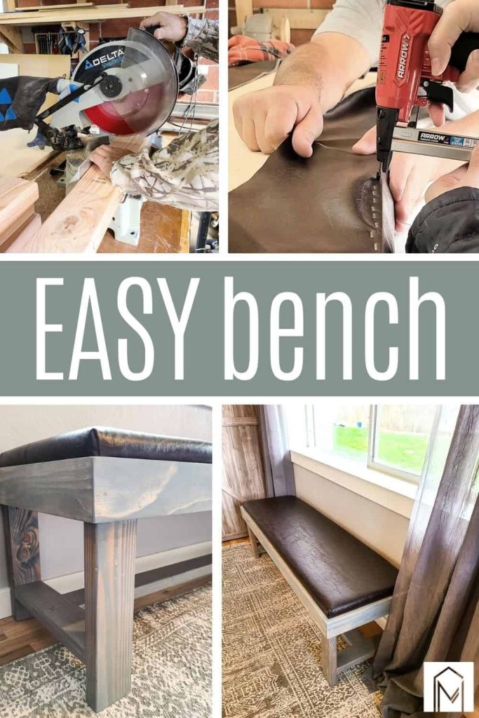 Learn how to build this easy wooden bench with a DIY bench cushion that is upholstered with faux leather vinyl. 