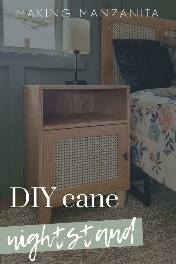 Cane boho night stand beside the bed with cane boho bedframe with text overlay that says DIY cane nightstand