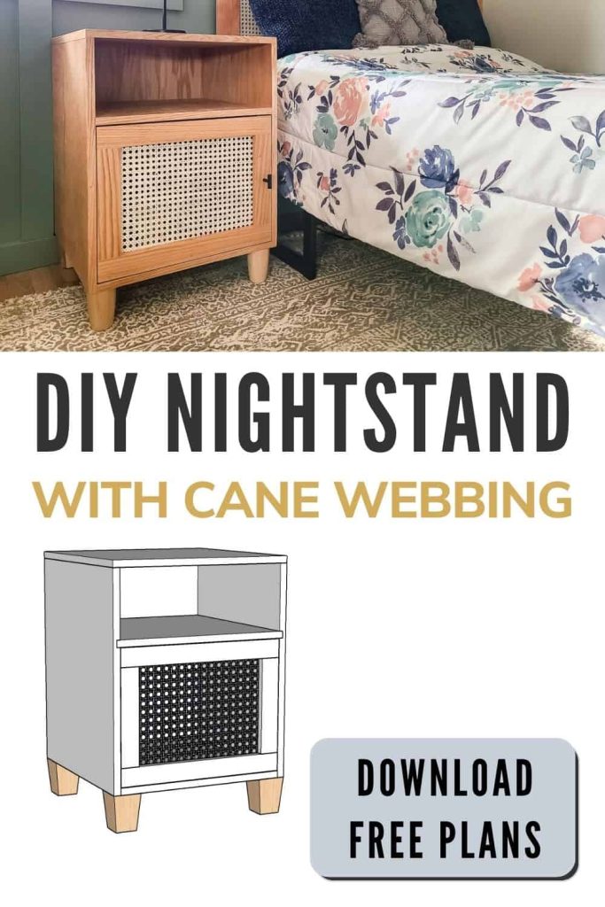 Finished cane boho nightstand beside the bed with floral sheets and cane bedframe and text overlay that says DIY nightstand with cane webbing and a nightstand woodwork drawing below with text overlay that says download free bedside table plans