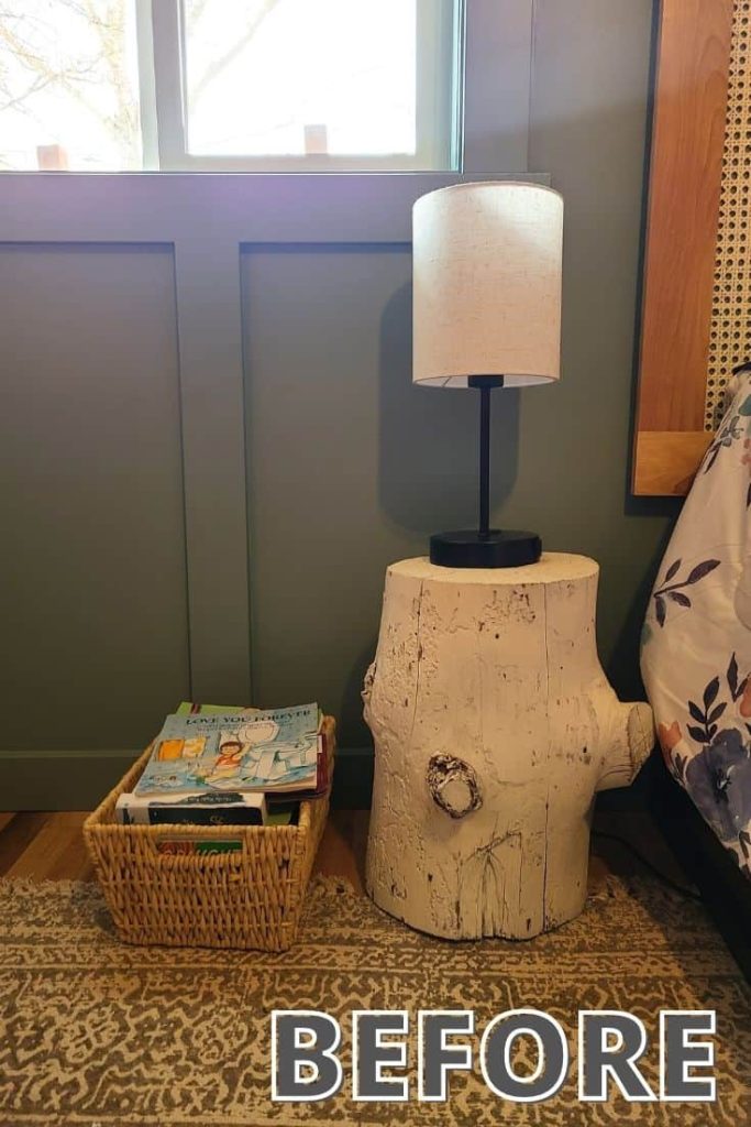Before chopped log as a nightstand beside the bed and a rattan book storage