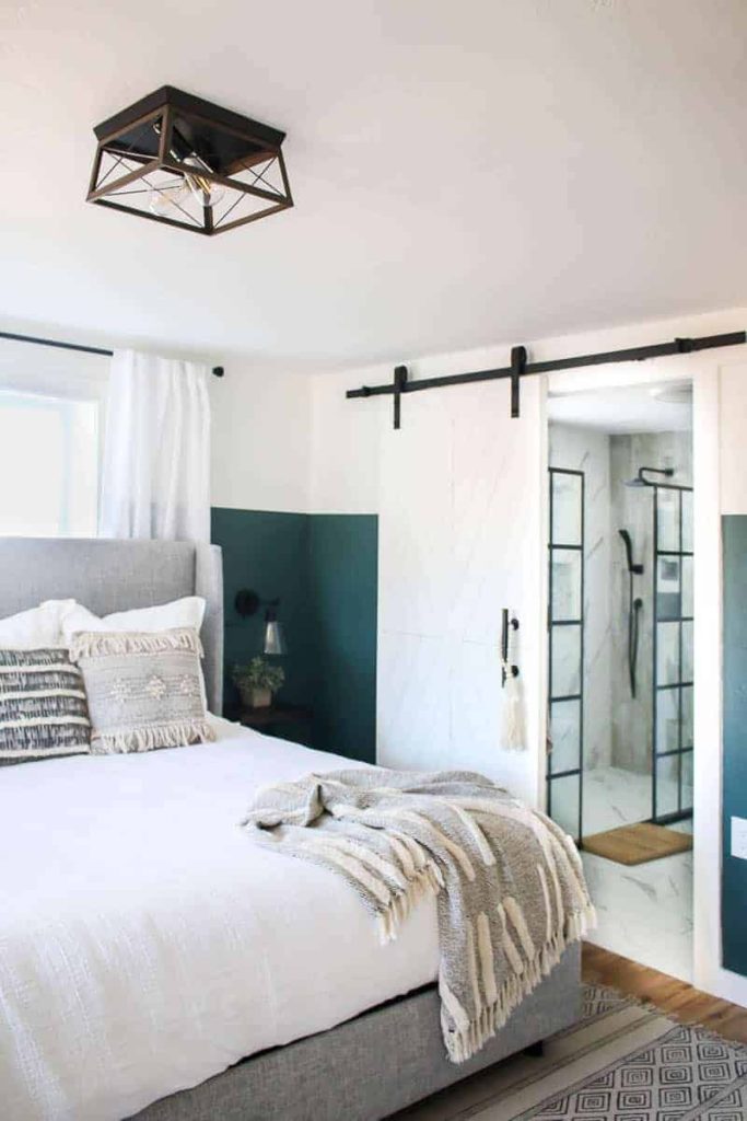 two-toned walls in behr meteorological in master bedroom