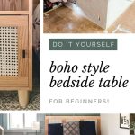 Collage of the DIY cane nightstand from the process up to the final look with text overlay that says do-it-yourself boho style bedside table