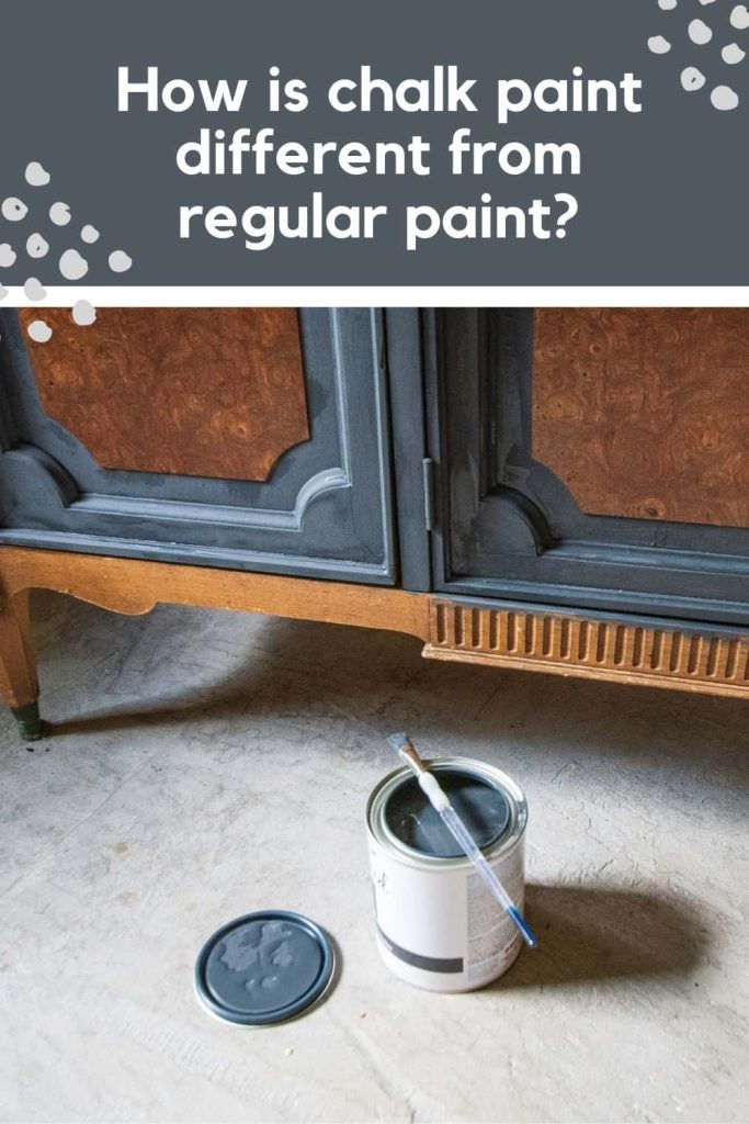 An open can of gray chalk paint sits on the floor, a long-handled paint brush resting over the opening.  There's a partially painted wooden dresser next to the paint can. Text across the top of the image says 