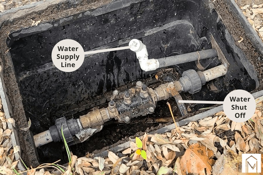 Here's a view of the sprinkler control valve system in the ground with text overlay pointing to water supply line and water shut off.