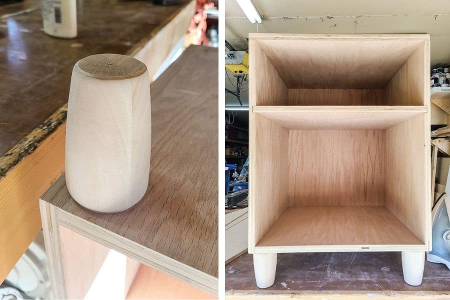 Addition of furniture legs as a step in the construction of the DIY bedside table.