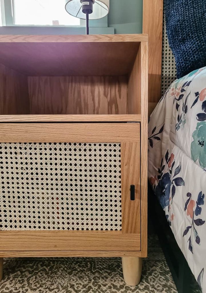 modern boho nightstand with plywood edges covered with edgemate edge banding so it looks like wood grain instead of plywood layers