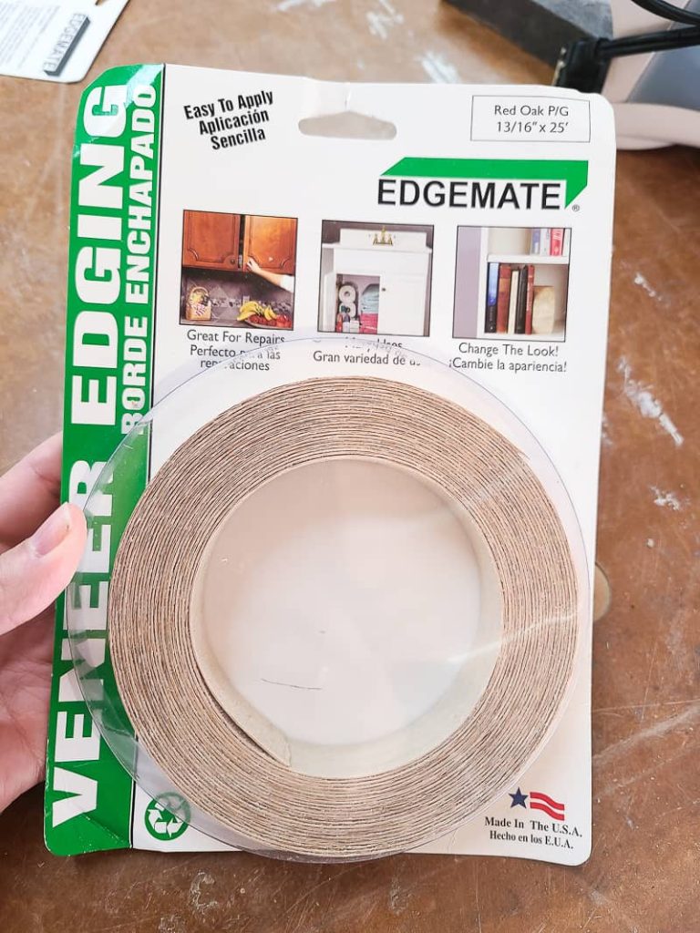 package of Edgemate veneer edging used to cover the edges of plywood on woodworking projects