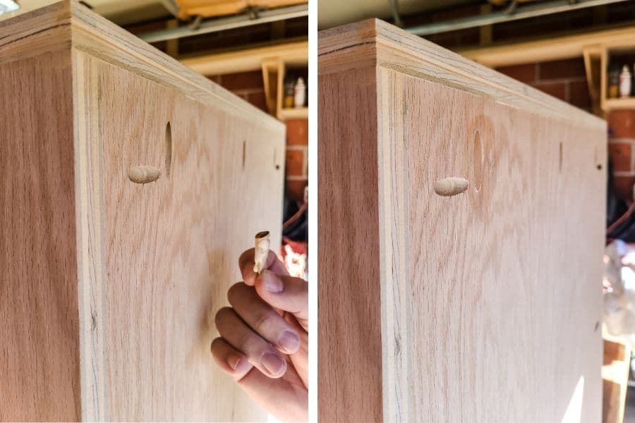Fill the pocket holes with plugs as part of the DIY bedside table construction process.
