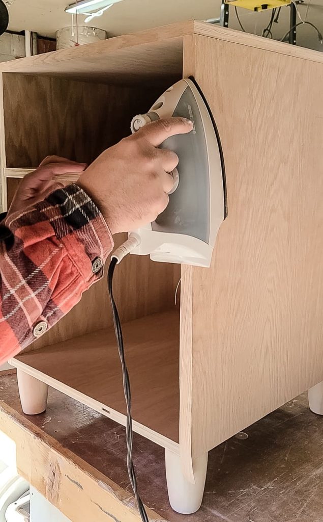 Next, cover the plywood edges with edge tape to ensure a smooth and finished look.