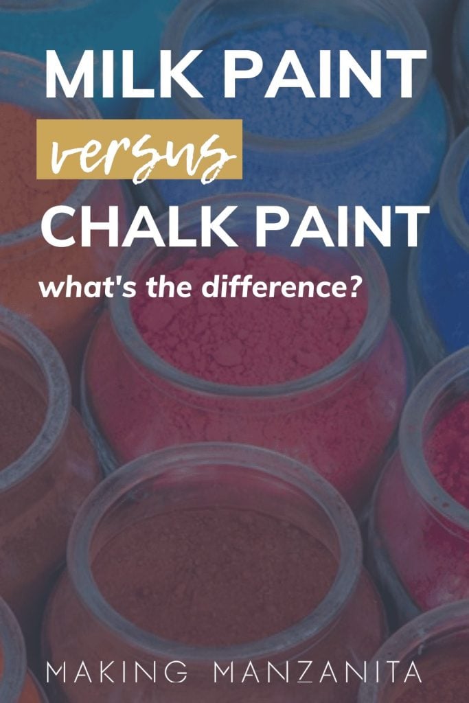 A grayed out background image of glass jars filled with colorful pigments. Text over the image reads "milk paint versus chalk paint: what's the difference?"