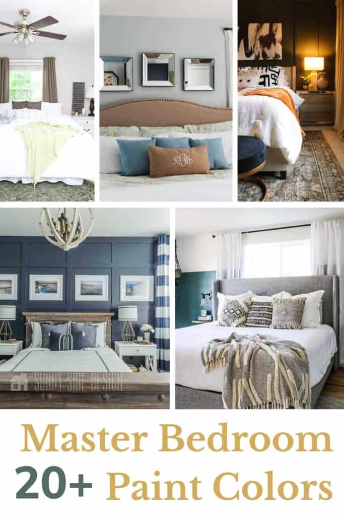 Collage of different master bedroom color themes inspiration with text overlay that says 20+ master bedroom paint colors
