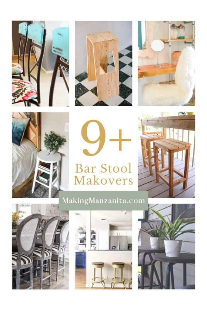 Collage of different bar stools with text overlay that says 9+ bar stools makeovers