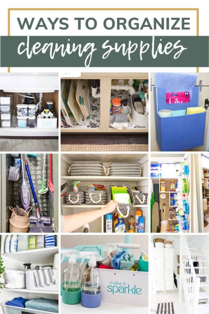 Collage of different under the sink with cleaning materials in different homes with text overlay that says ways to organize cleaning supplies
