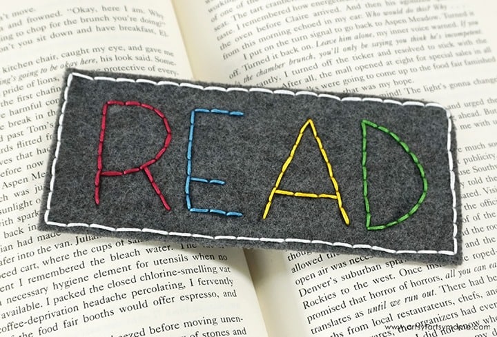The word READ embroidered on felt as a bookmark