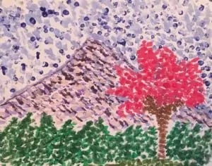 pointillism painting of tree, woods and mountains
