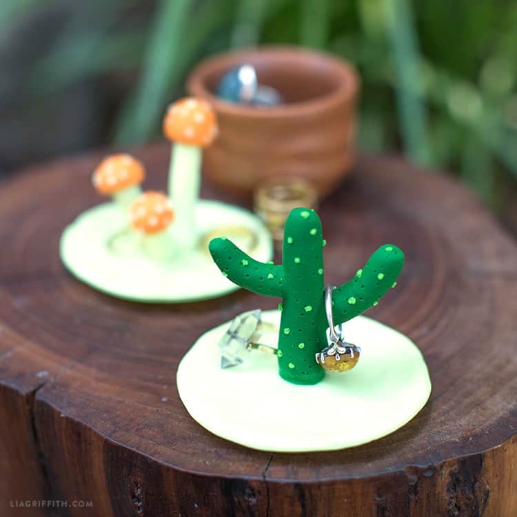 close up of cactus shaped ring holder made using polymer clay